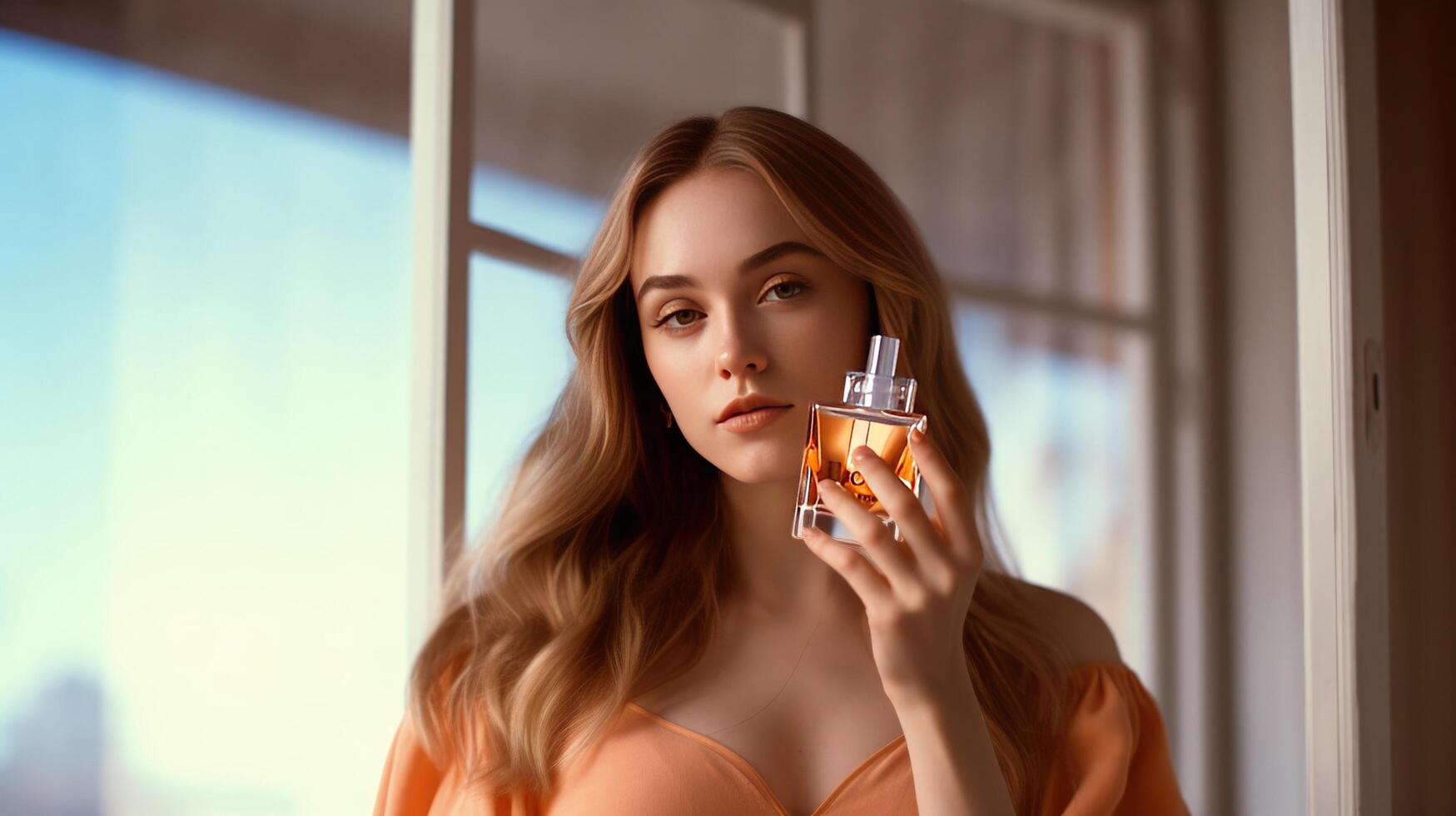 hermosa joven mujer con botella de perfume ilustración ai generativo foto