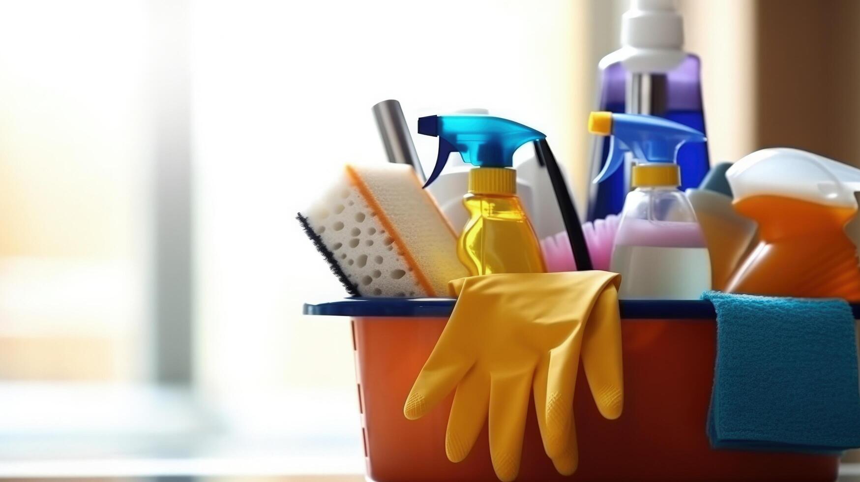 Cleaning products and tools on bucket Illustration photo