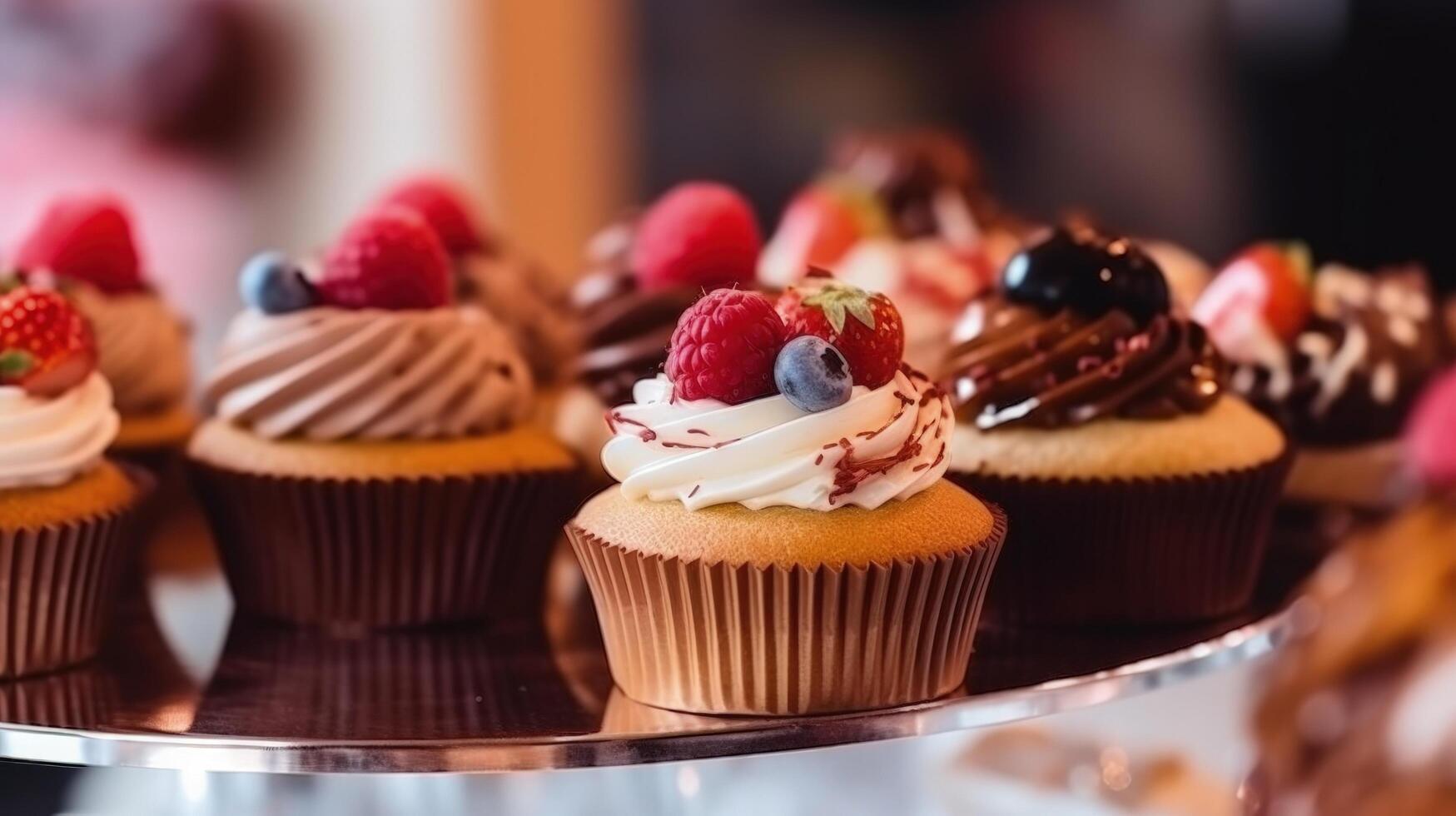 Dessert stand with delicious cupcakes Illustration photo