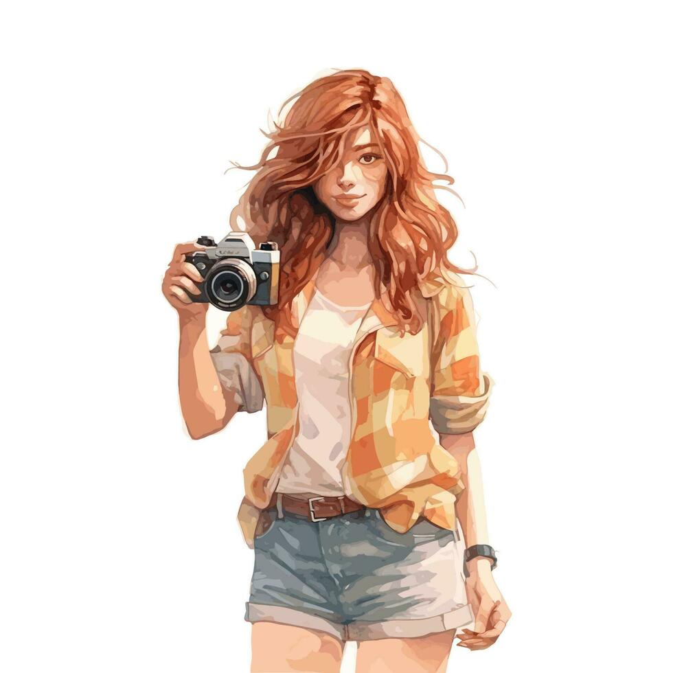 Watercolor Art Portrays a Pretty Girl in Short Jeans with Camera vector