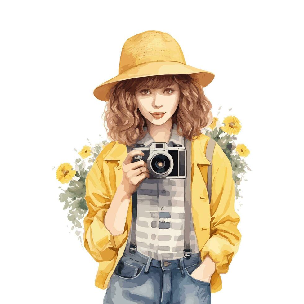 Watercolor Portrait of a Girl Pose Hold A Camera vector