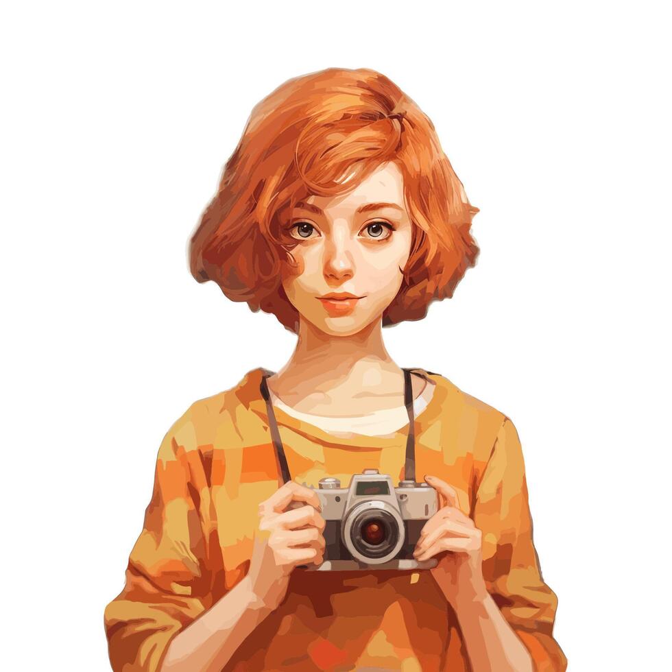 Close-Up Watercolor Woman Pose With Camera Concept, National Photography Day, vector