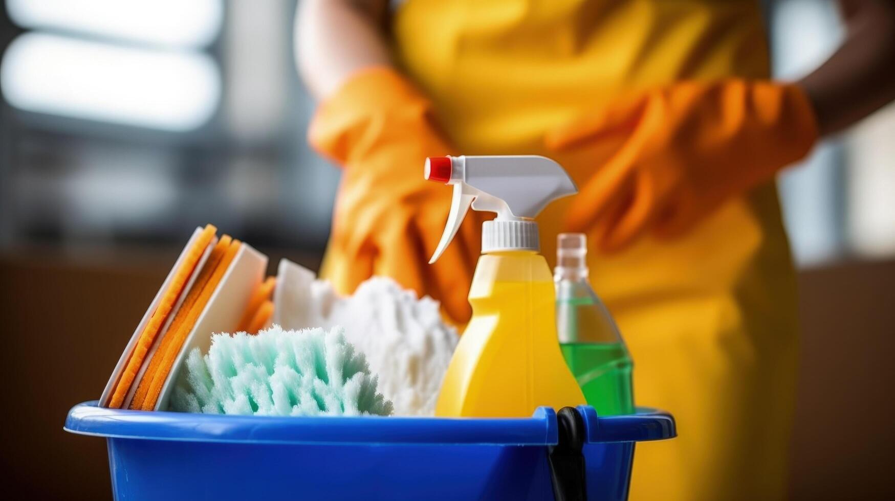 Cleaning products and tools on bucket Illustration photo