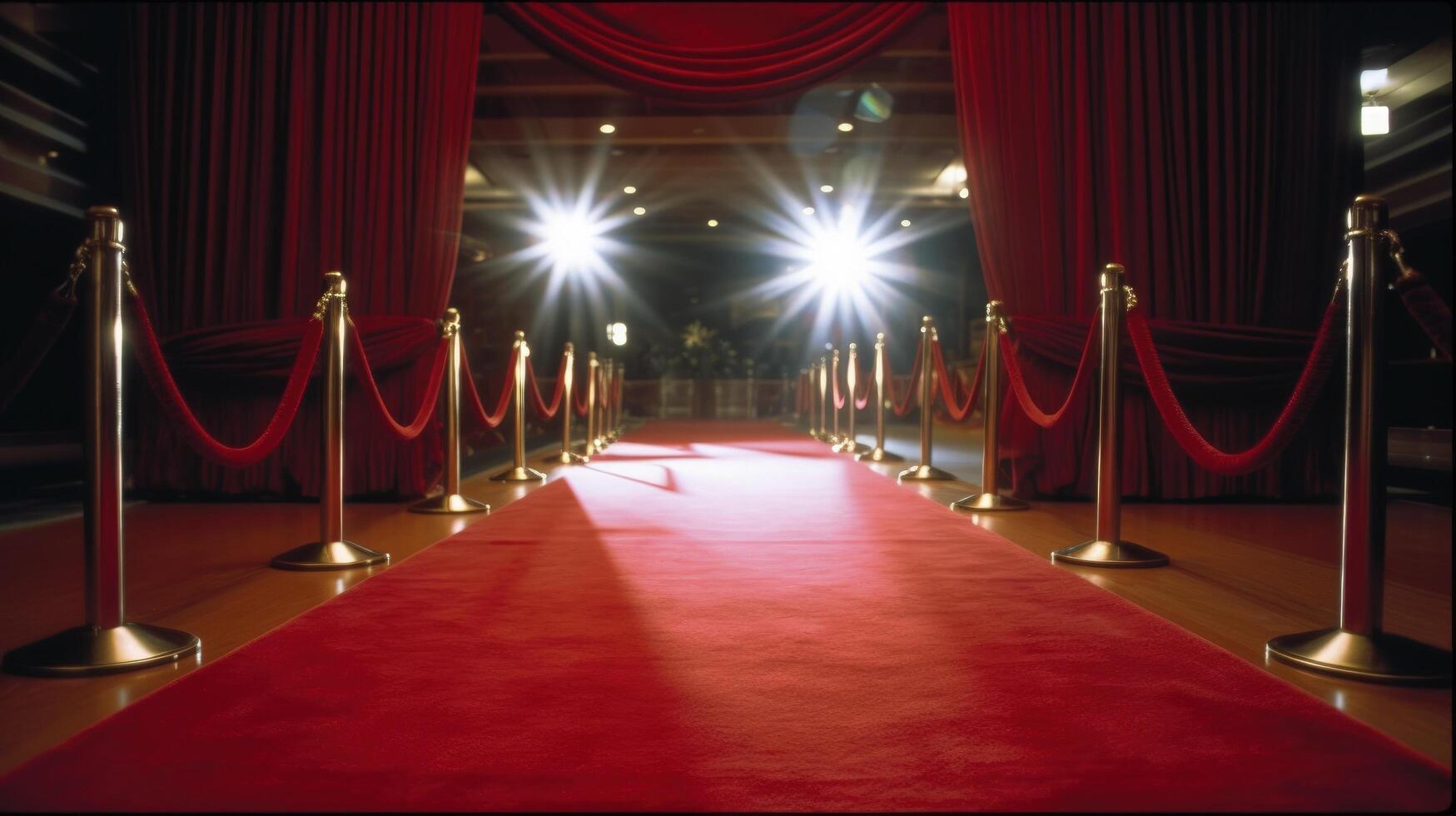 Red carpet, rope barriers and spot lights behind curtains indoors Illustration photo