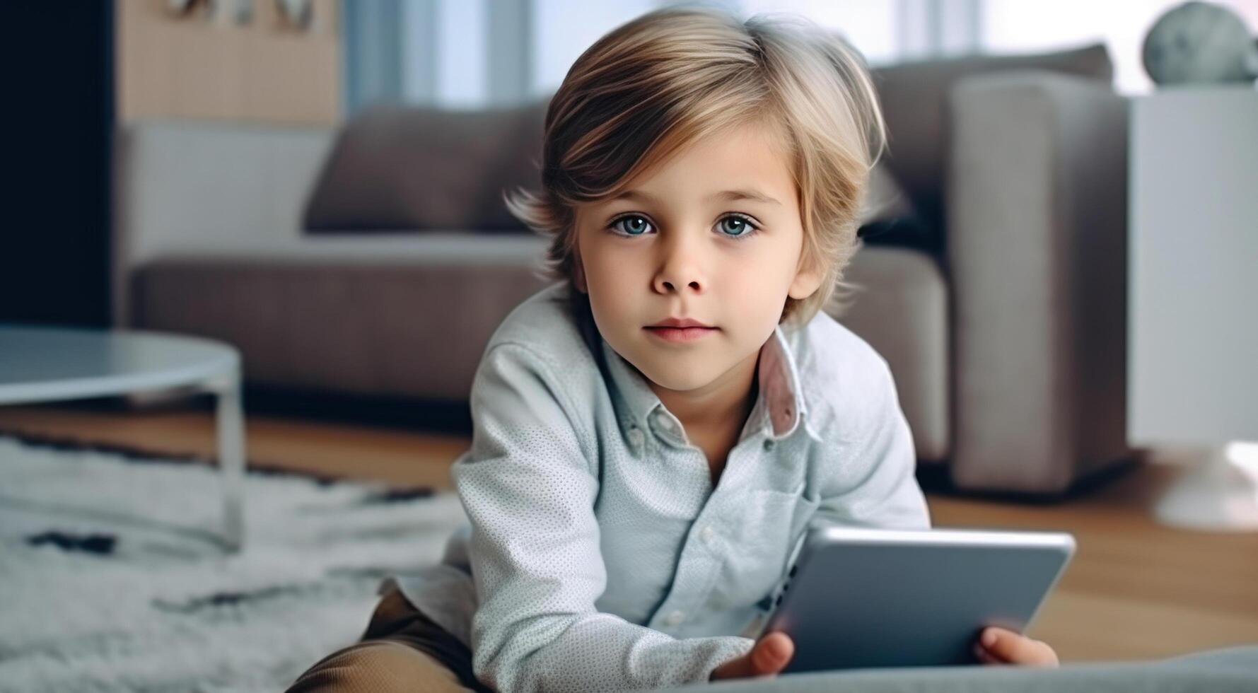 Little boy with tablet pc. Illustration photo