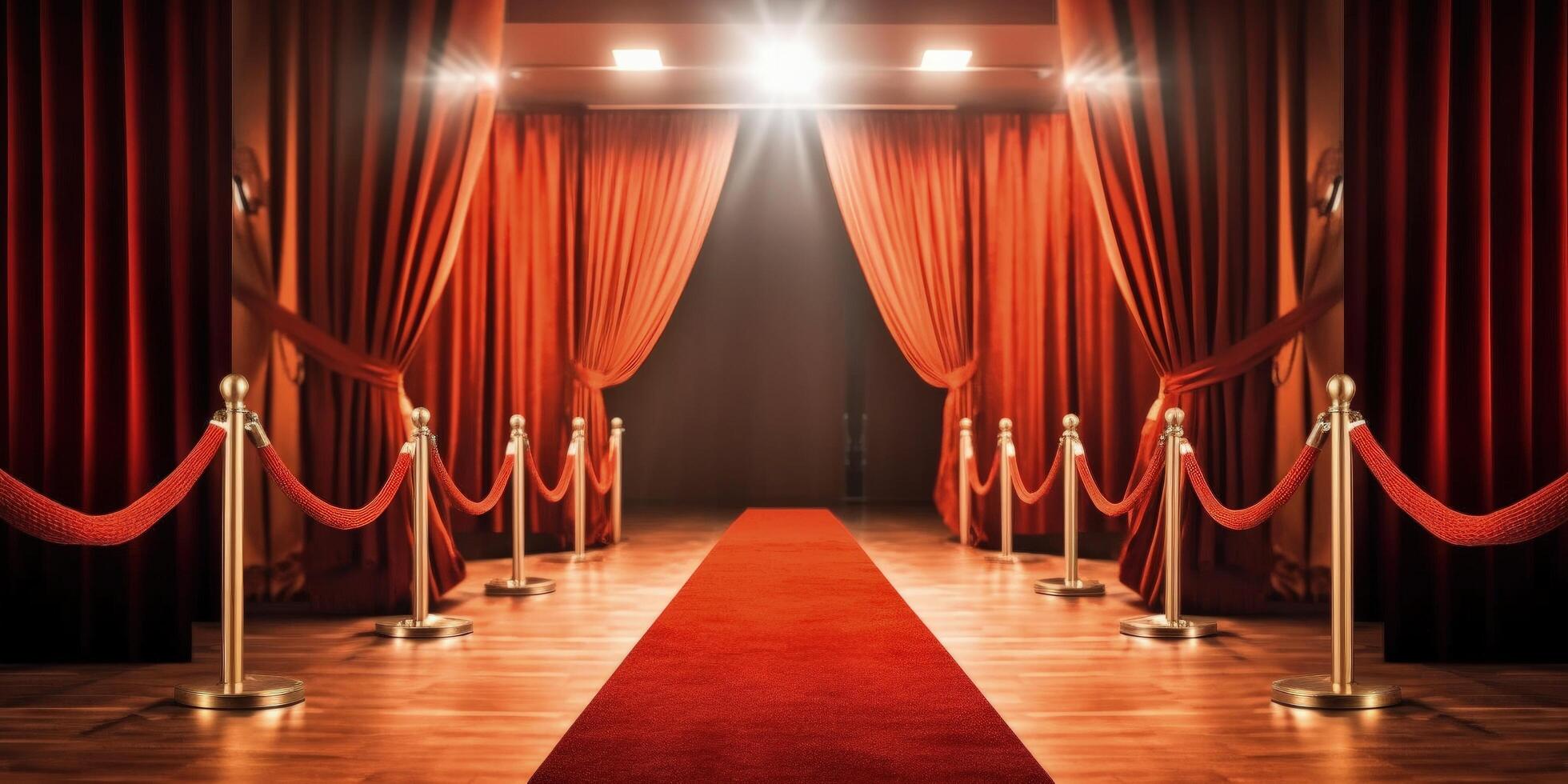 Red carpet, rope barriers and spot lights behind curtains indoors Illustration photo