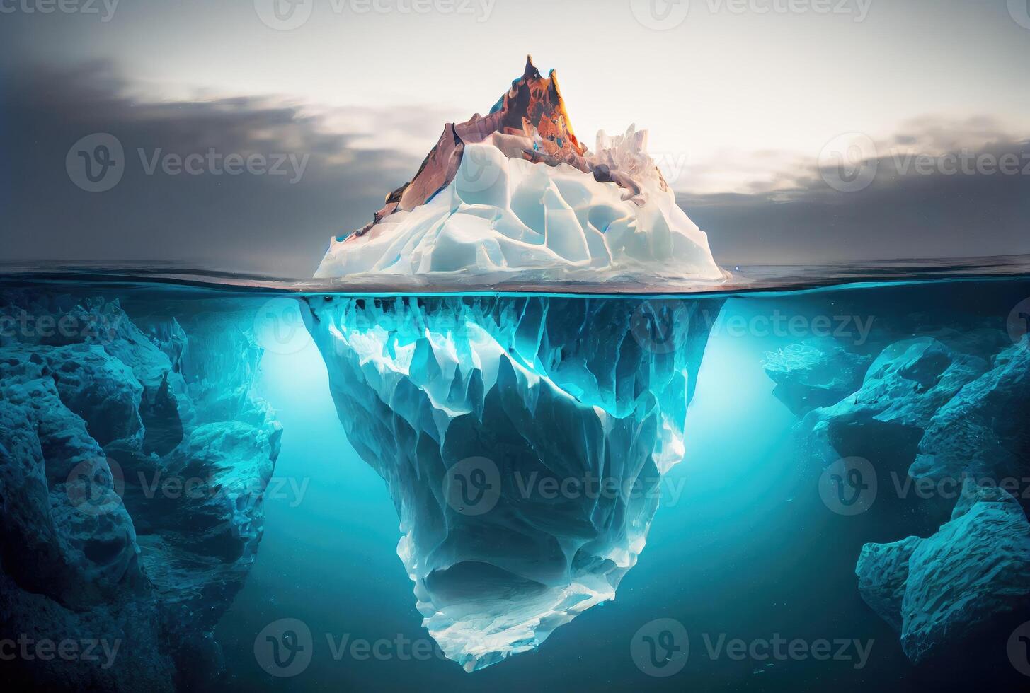 Big iceberg over the blue sea surface background. Landscape and business metaphor concept. Digital art illustration theme. photo