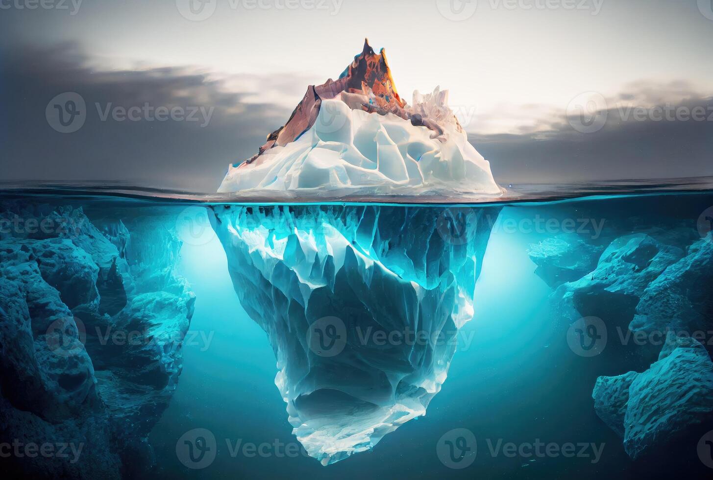 grande iceberg terminado el azul mar superficie antecedentes. paisaje y negocio metáfora concepto. digital Arte ilustración tema. generativo ai foto