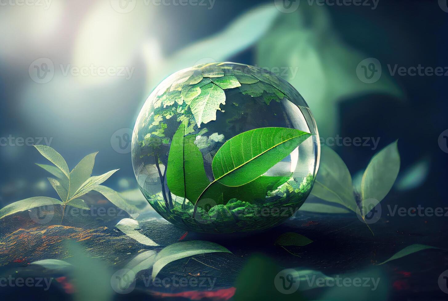 Water drop in earth shape with green leaves in the jungle. World Environment Day and World Water Day concept. Environmental protection theme. photo