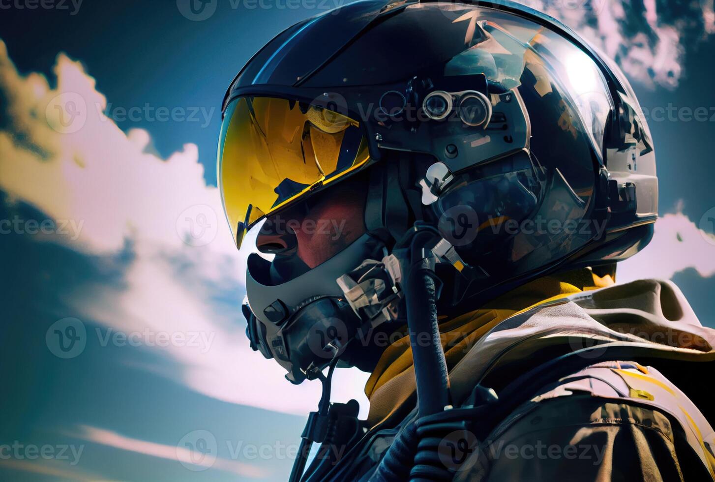 cabeza Disparo de combatiente piloto volador en el alto cielo en el espacio aéreo para nacional defensa o mundo guerra. retrato de soldado. generativo ai foto