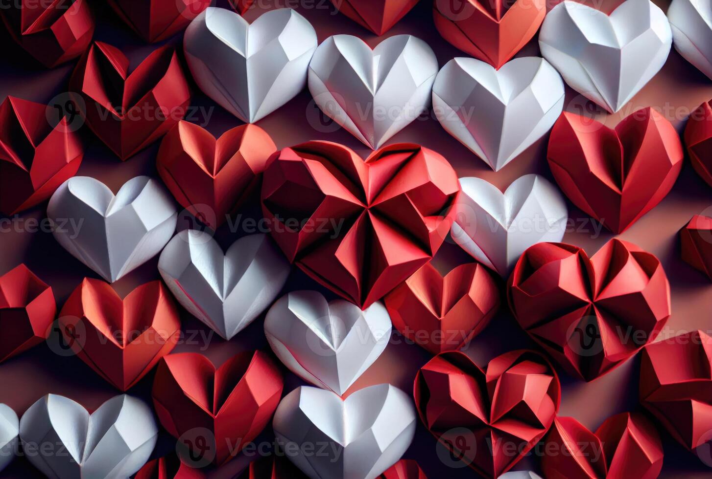 Papercut red and white hearts origami background. Love story and Valentines day wallpaper concept. photo