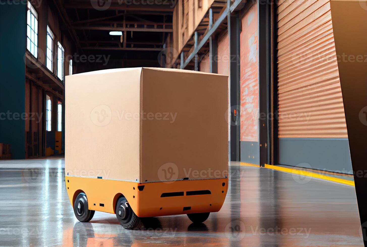 Robot AGV transporting cardboard box in warehouse background. Technology innovation and delivery concept. photo