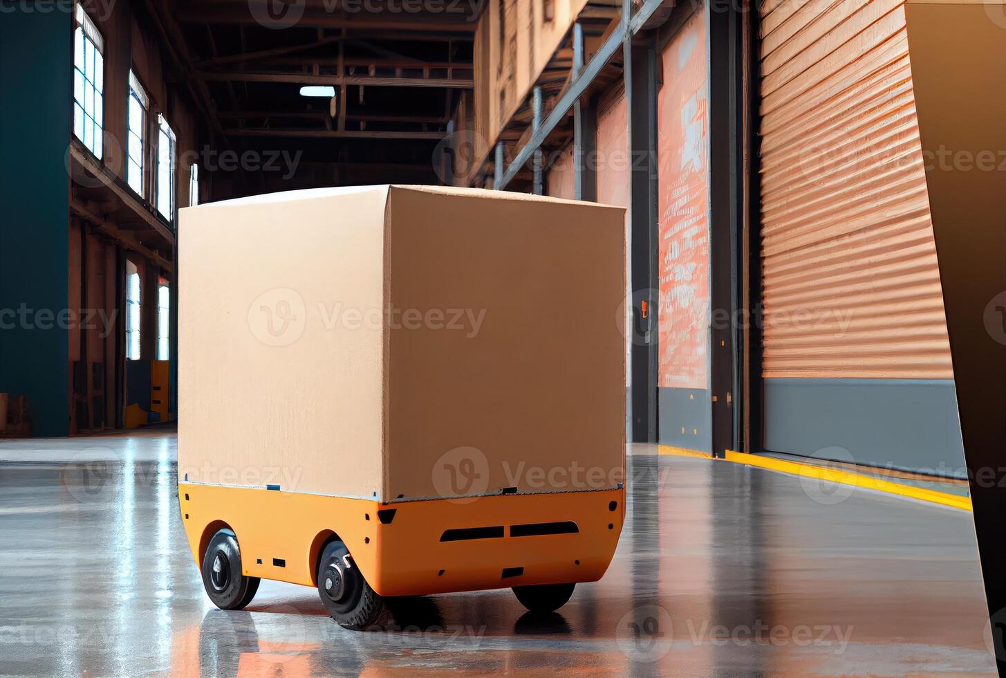 robot agv transportar cartulina caja en almacén antecedentes. tecnología innovación y entrega concepto. generativo ai foto