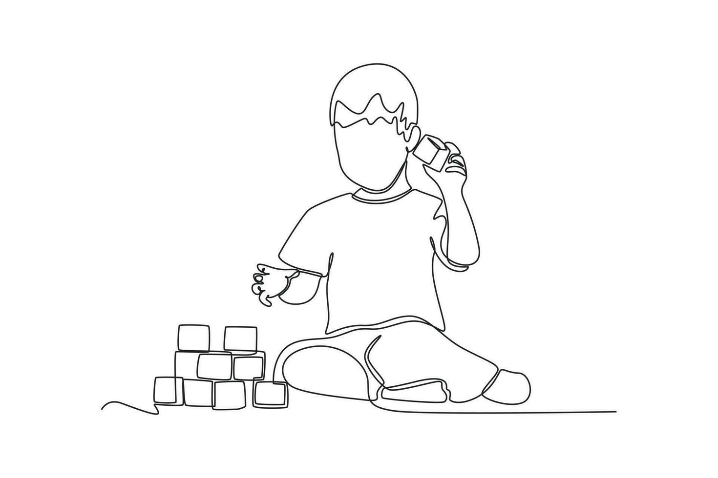 Single one line drawing happy toddler kids playing with toy. Educational games kids concept. Continuous line draw design graphic vector illustration.