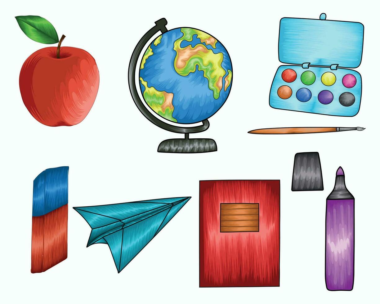 Back to school stationary vector illustration, education items illustration on white background