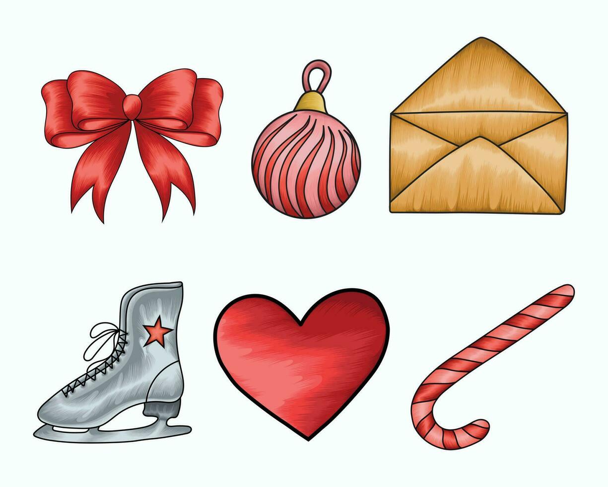 Hand drawn Santa, Christmas trees and sleigh vector illustration decorative items for Christmas