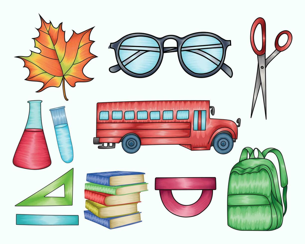 Back to school stationary vector illustration, education items illustration on white background