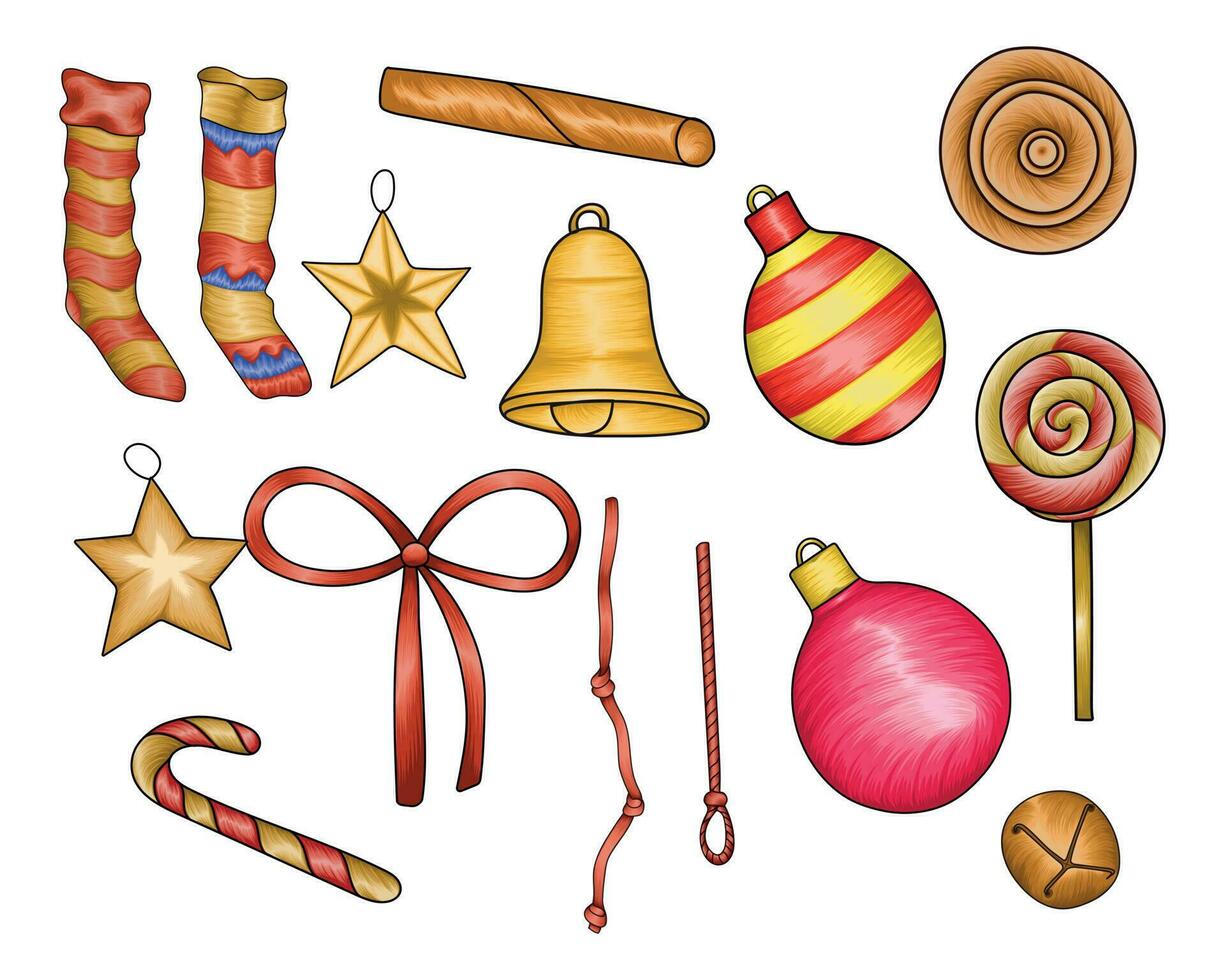 Hand drawn Santa, Christmas trees and sleigh vector illustration decorative items for Christmas