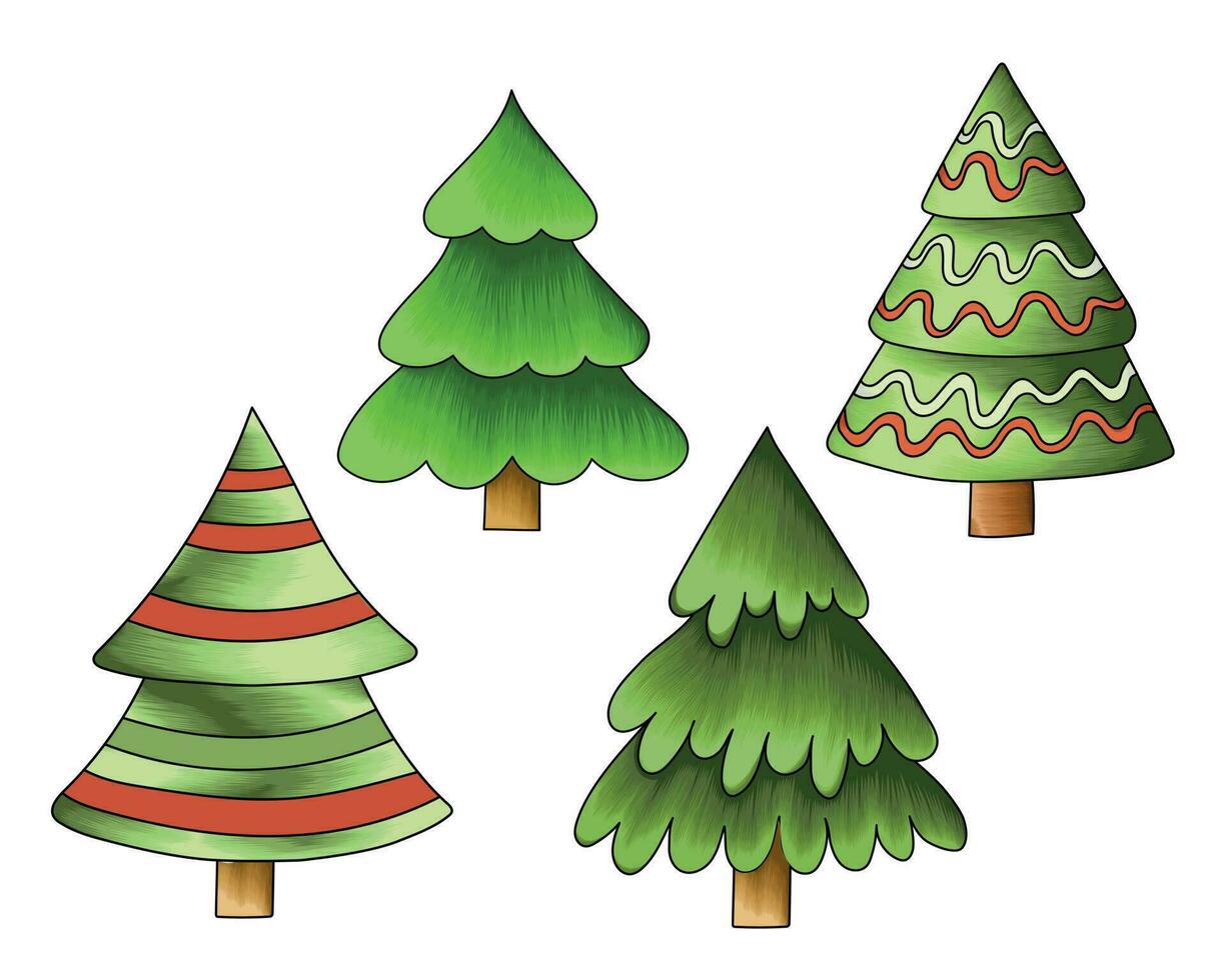 Decorative hand drawn Christmas tree vector illustration set