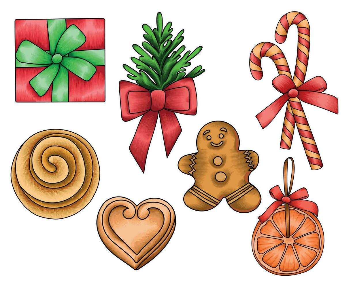 Hand drawn Santa, Christmas trees and sleigh vector illustration decorative items for Christmas