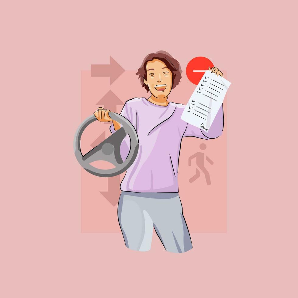 Woman happy passed driving test car license vector