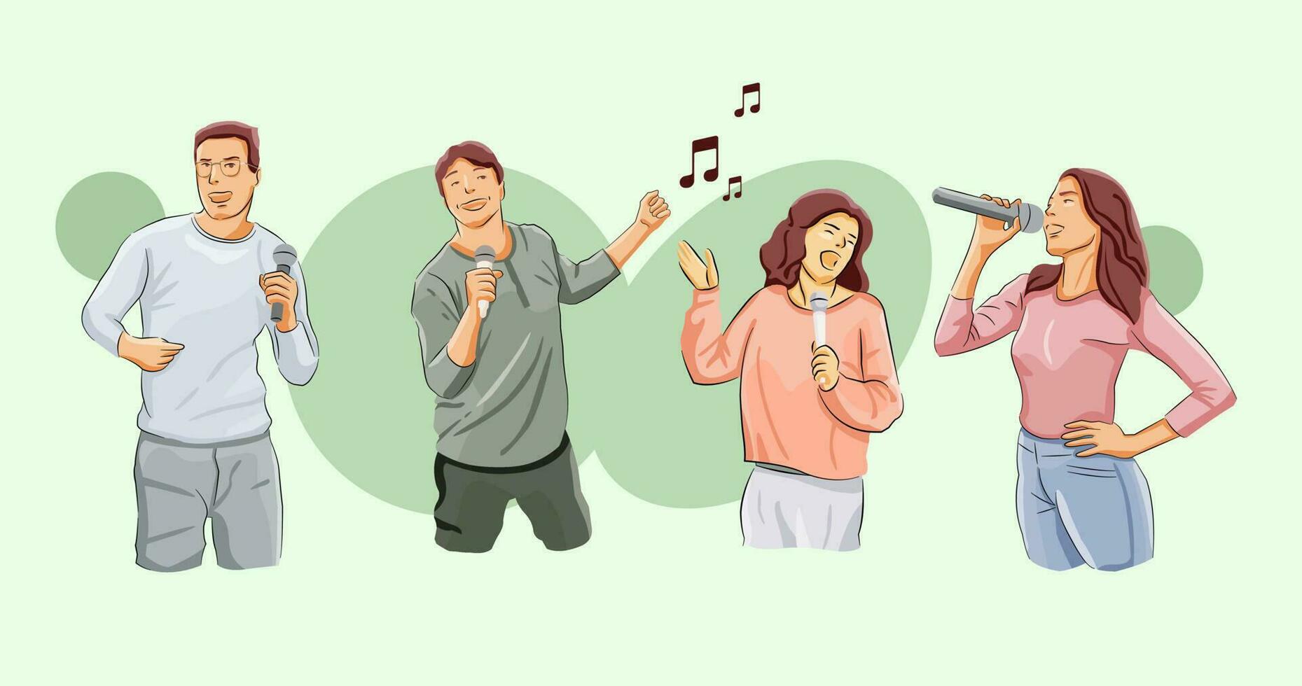 Man and woman singing in happy holding microphone karaoke group vector