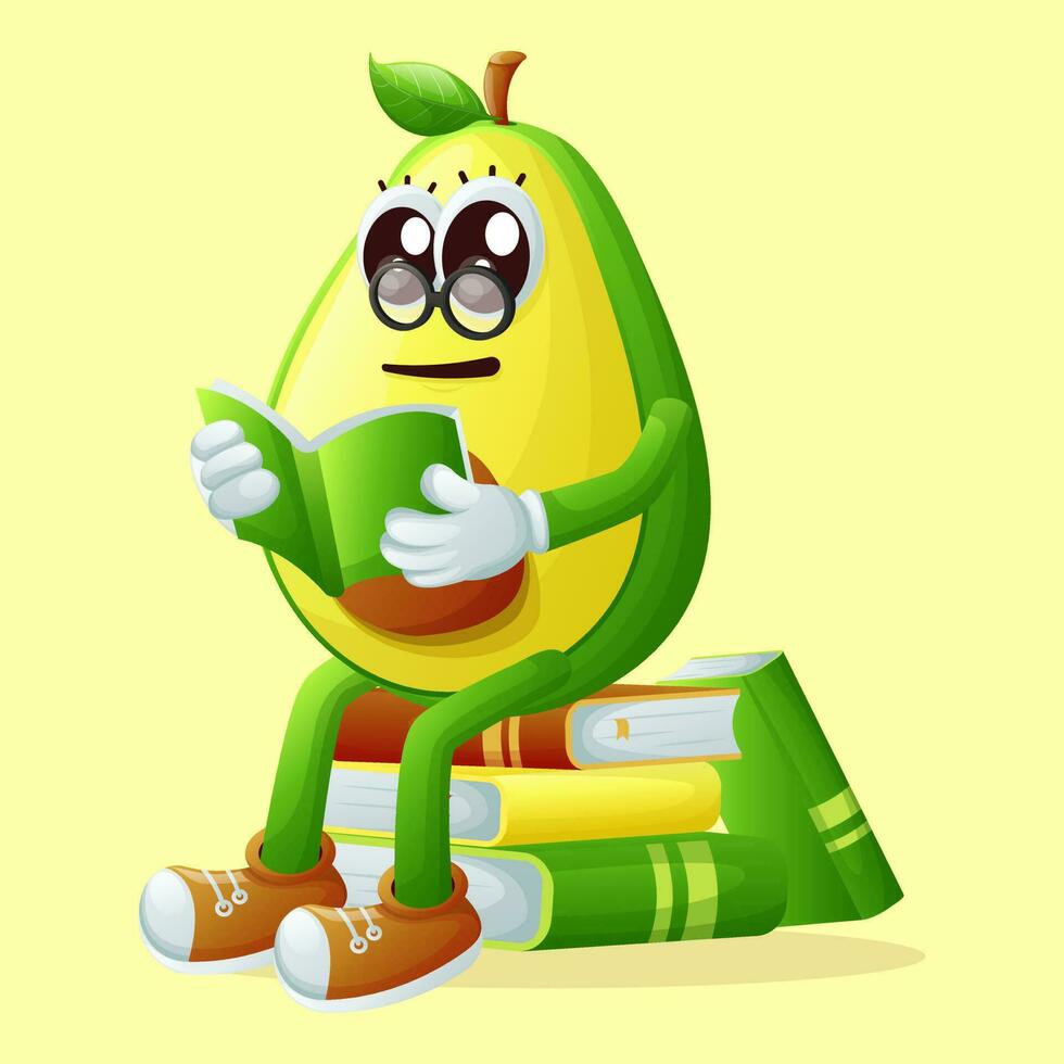 Cute avocado character wearing glasses and reading a book vector