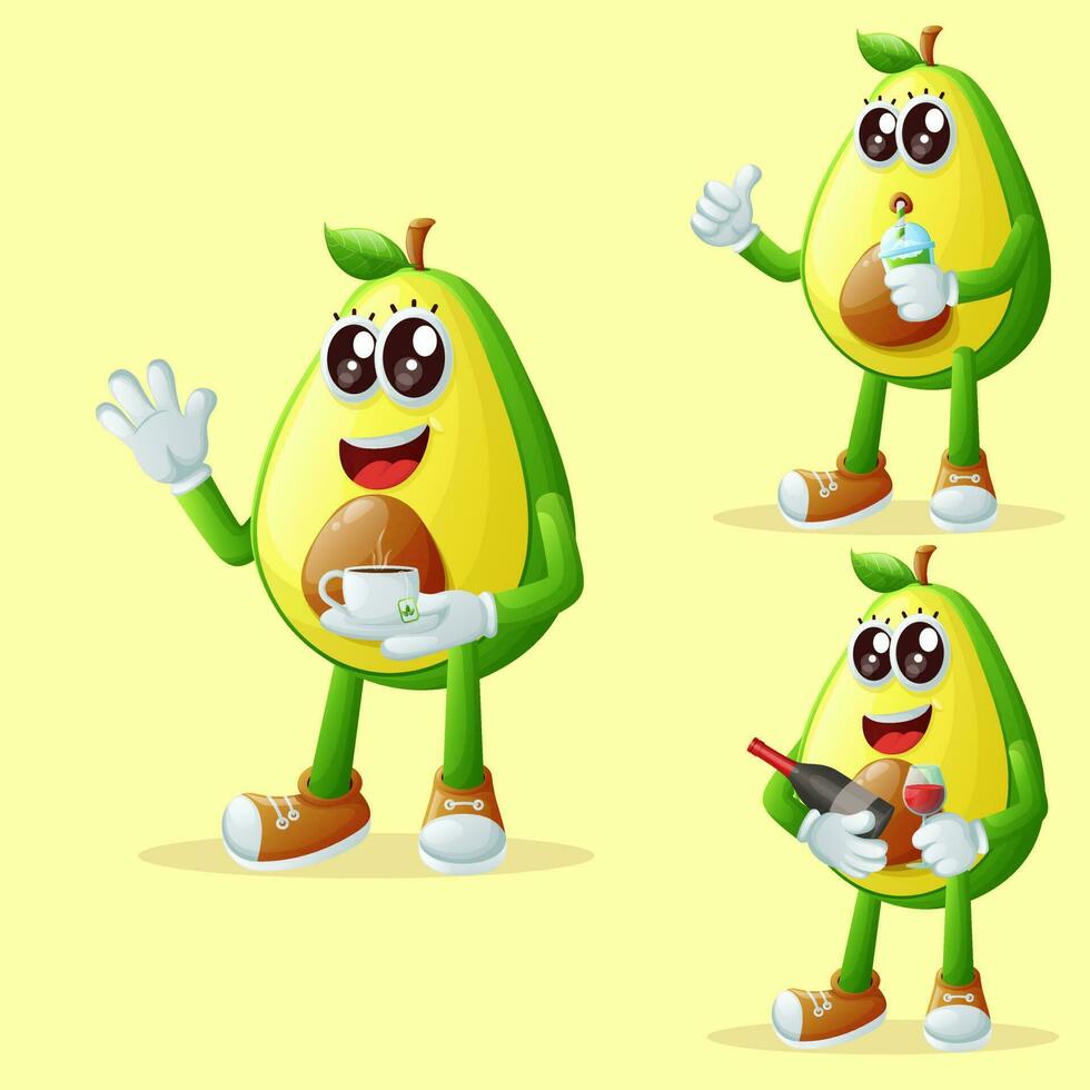 Cute avocado characters enjoying beverages vector
