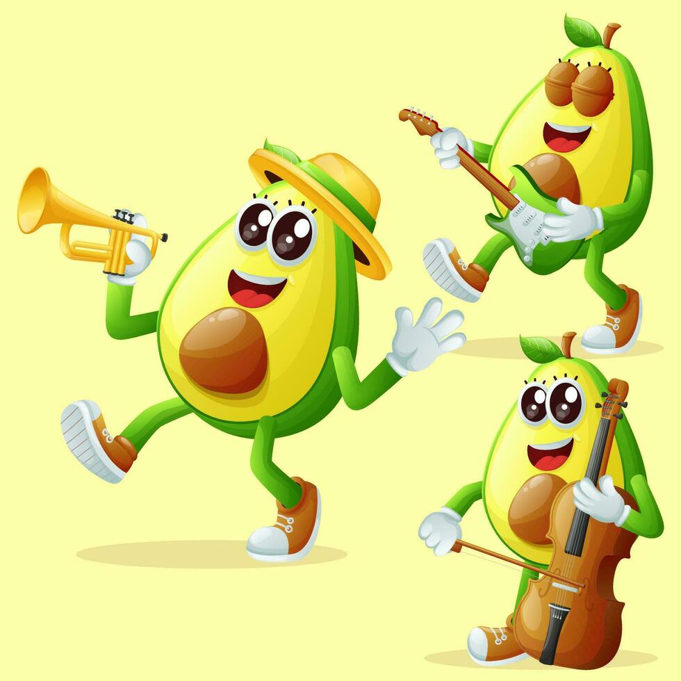 Cute avocado characters playing musical instruments vector