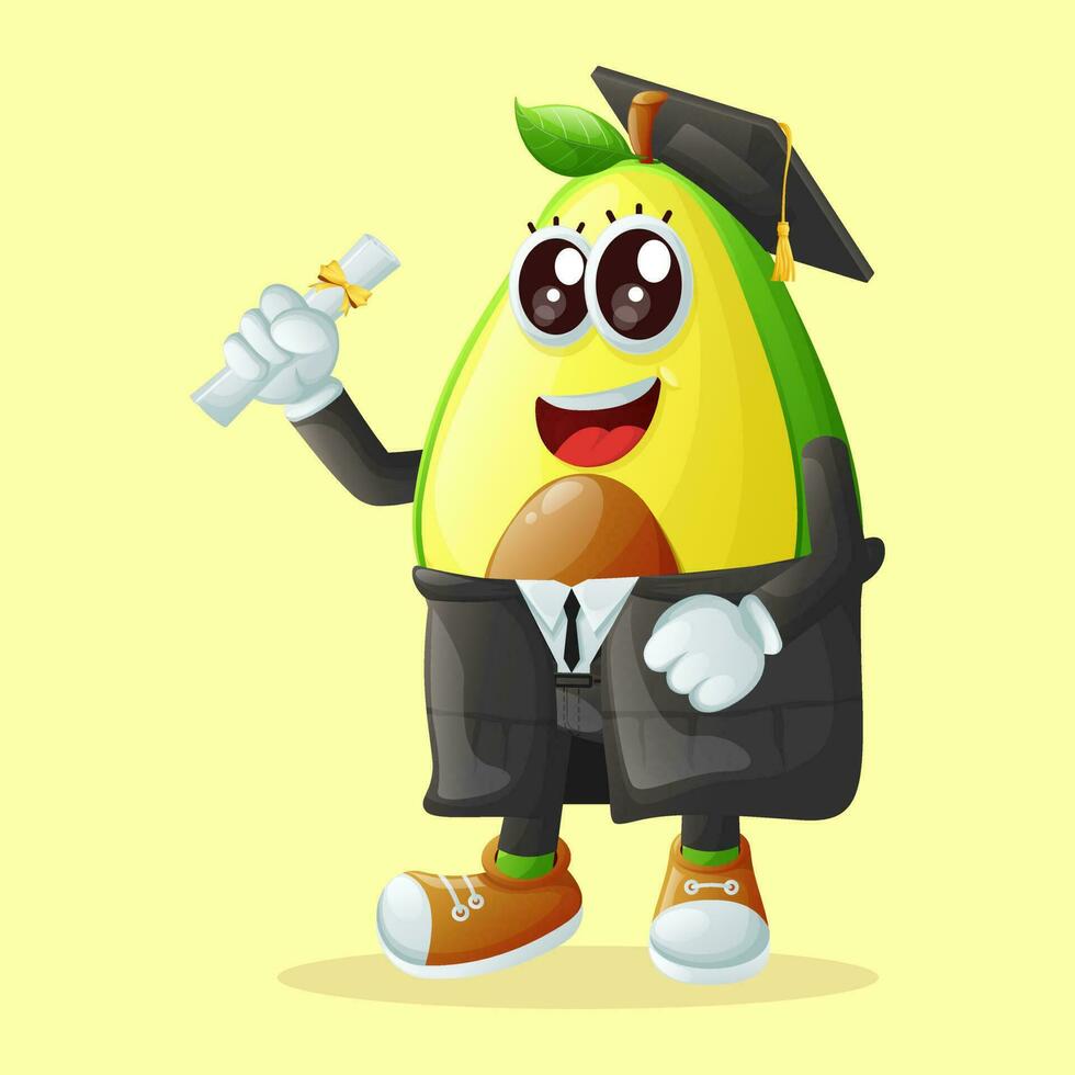 Cute avocado character wearing a graduation cap and holding a diploma vector