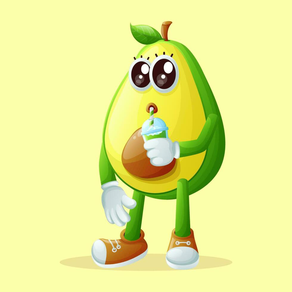 Cute avocado character drinking a green smoothie with a straw vector
