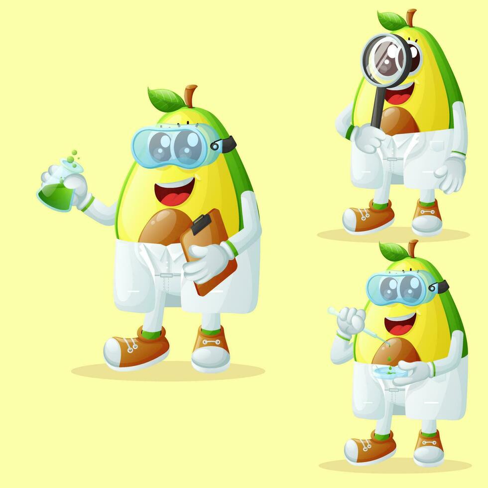 Cute avocado characters as scientists vector