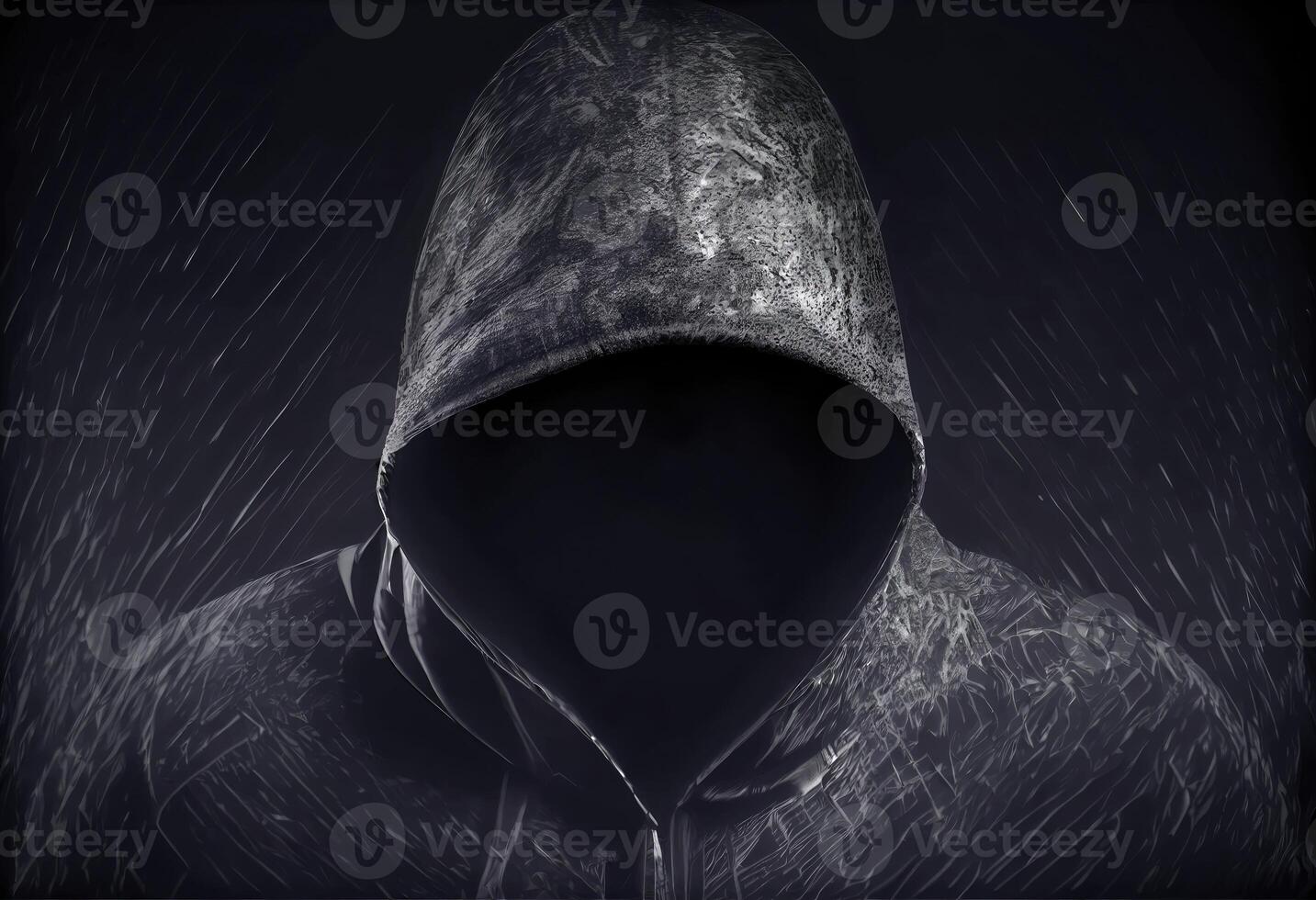 Man in a black hood covered with shadows. Unrecognizable criminal with no face. People and Criminal concept. photo