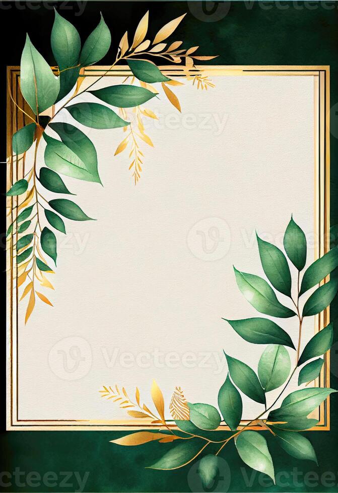 Green leaves with golden frame template and copy space for greeting wedding card and advertising concept art. photo