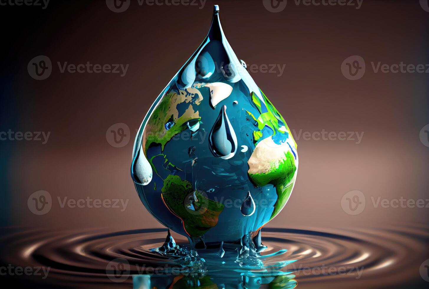 Earth in water drop shape dropping on the ground background. Environment and World savings concept. Digital art illustration. photo