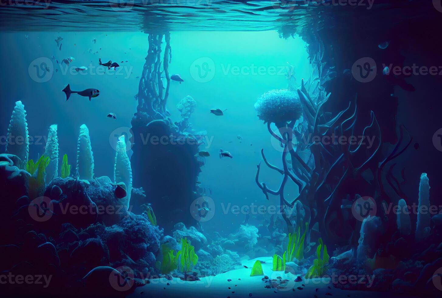 Deep sea and aquatic life with sunshine background. Marine life and undersea concept. photo