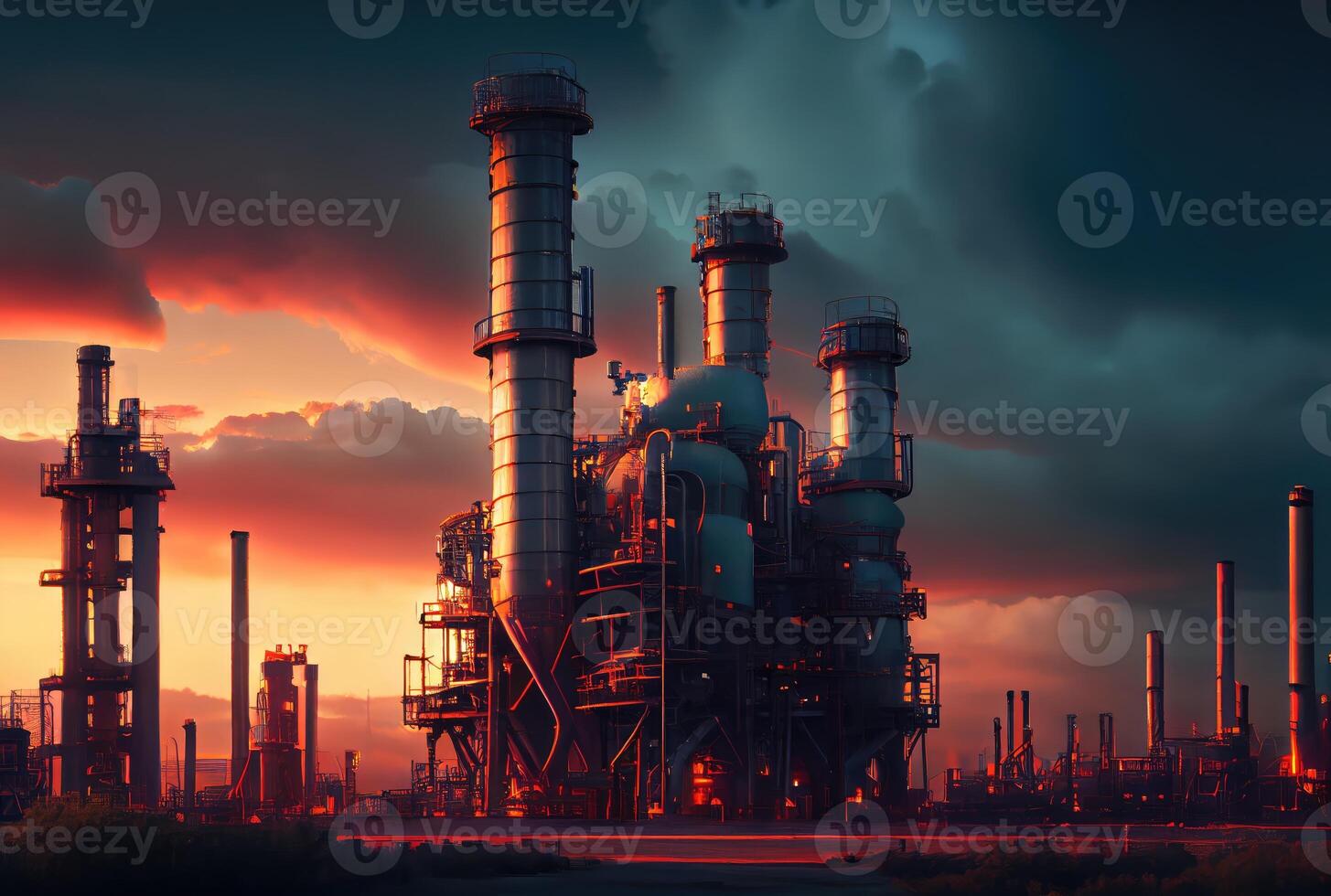 Oil refinery industrial plant with nature and sky background. Business and Industry concept. Digital art illustration. photo