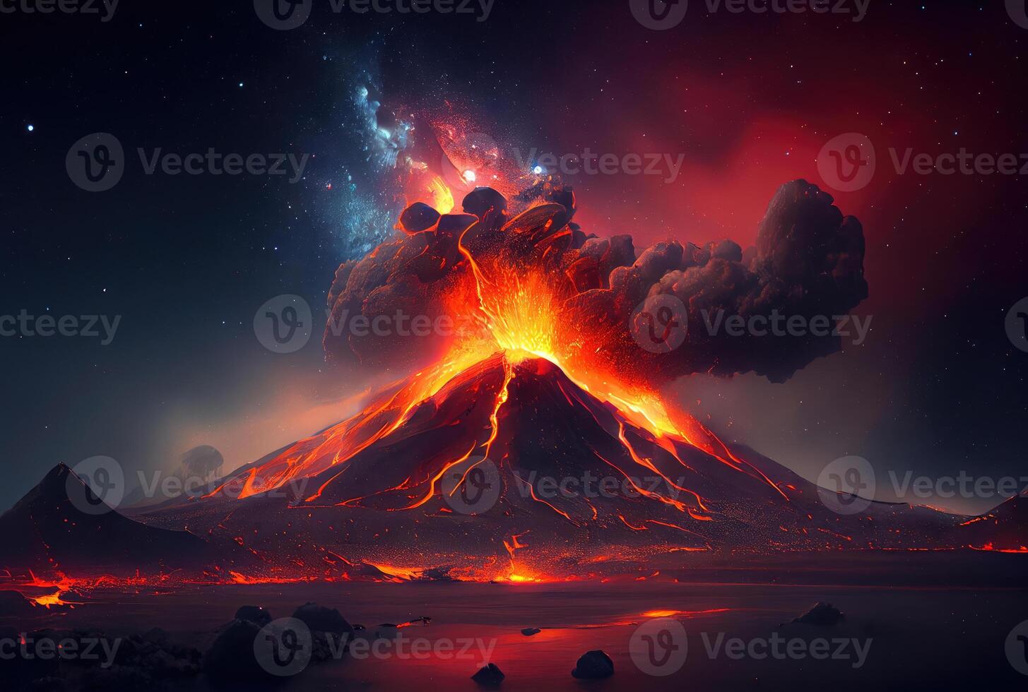 The volcano erupted with hot lava and black smoke covering the sky. Nature and disaster concept. photo