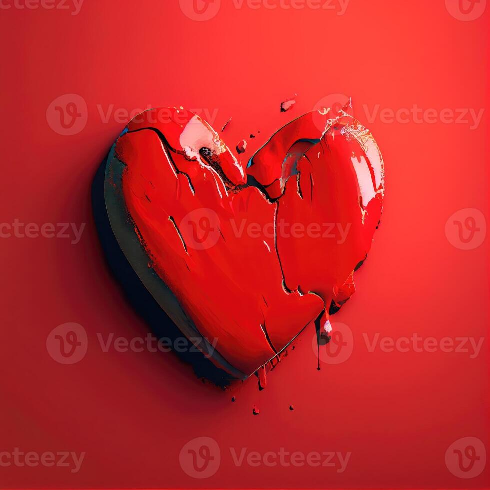 Red heart shape cracked stone on red background. Valentines day and romance concept. Digital art illustration theme. photo