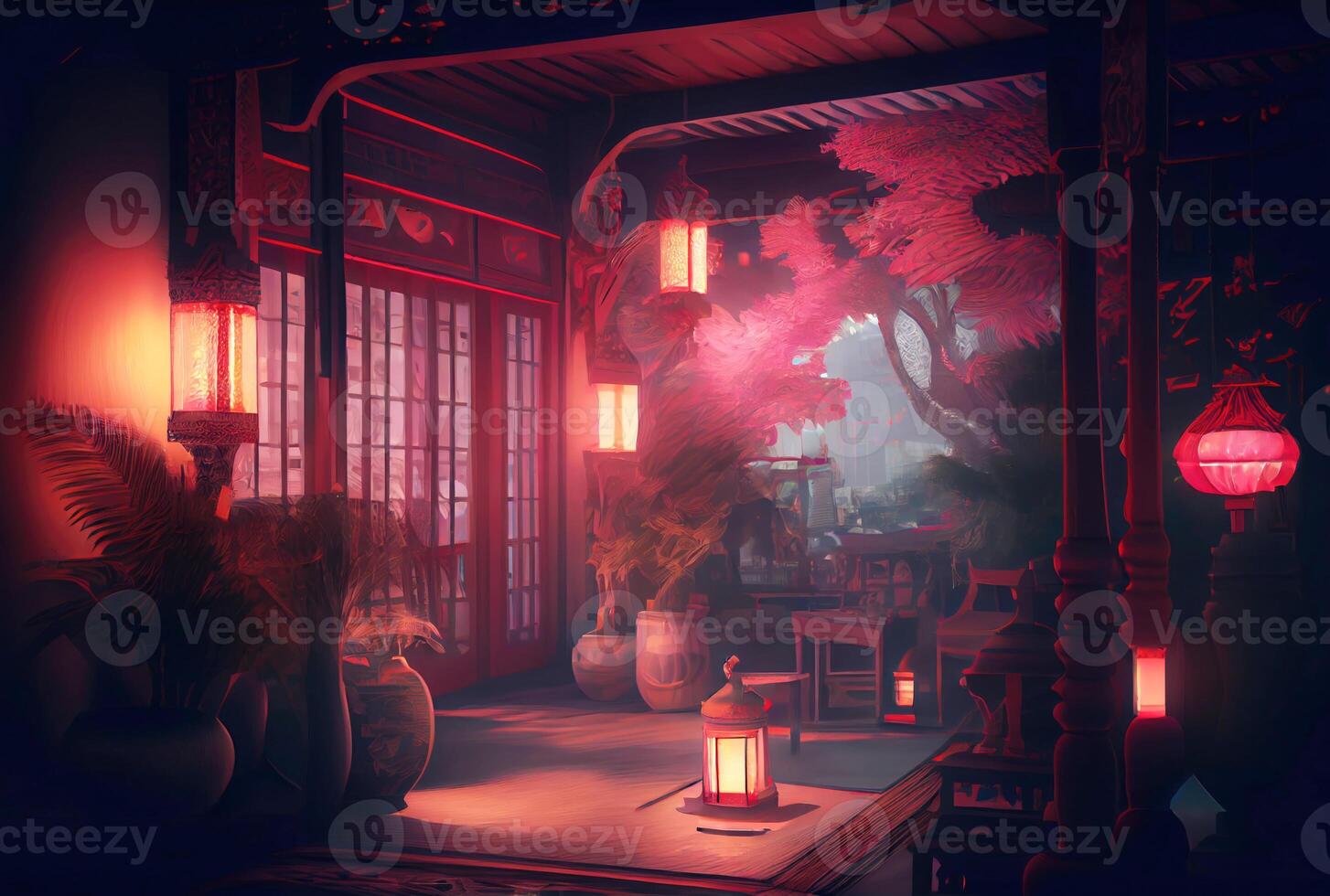 In side of Chinese palace interior corridor decorating with Paper Chinese lanterns background. Interior and architecture concept. photo