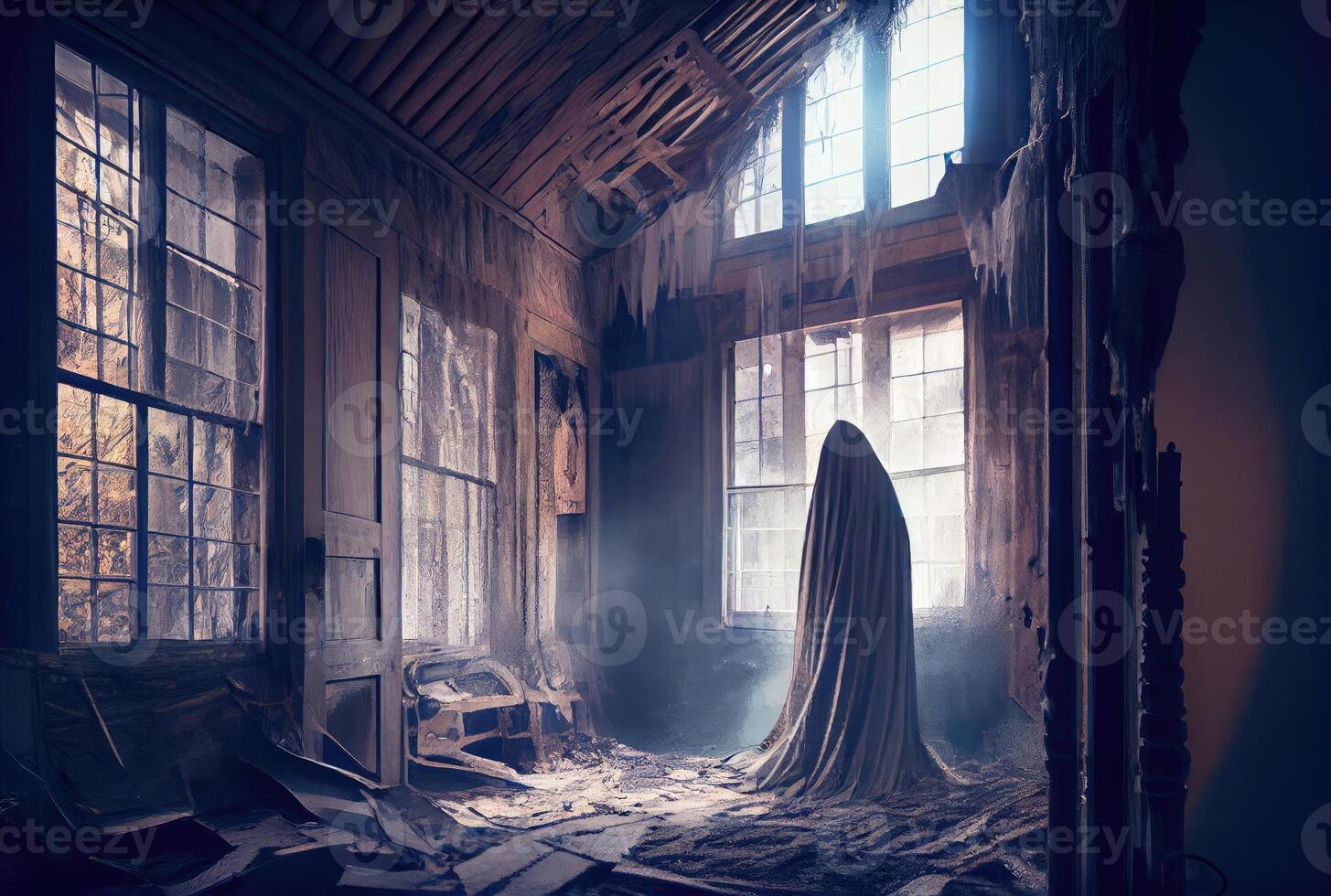 Spooky fabric ghost in the abandoned haunted house background. Halloween and horror concept. photo