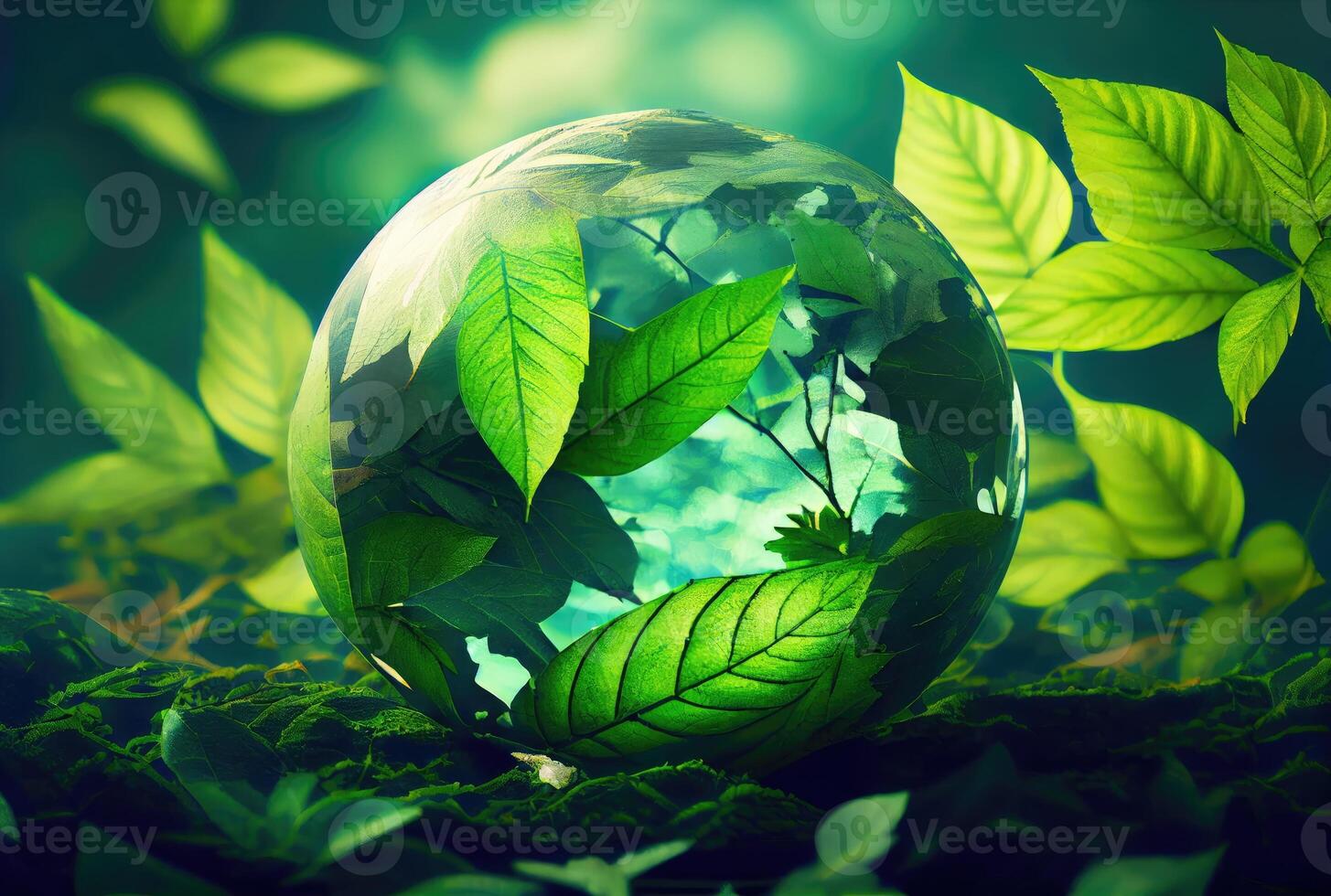 Water drop in earth shape with green leaves in the jungle. World Environment Day and World Water Day concept. Environmental protection theme. photo