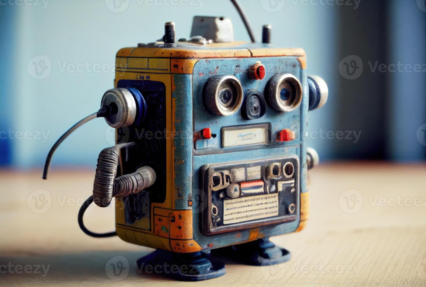 Retro tin robot toy on the minimal background. Playful and fun concept. photo