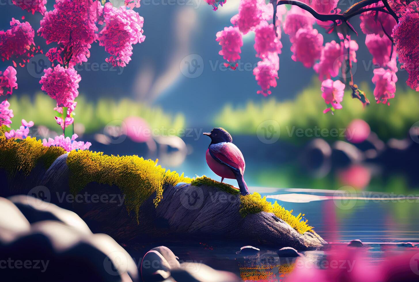 Spring landscape with the bird background. Beauty in Nature and springtime concept. Digital art illustration. photo