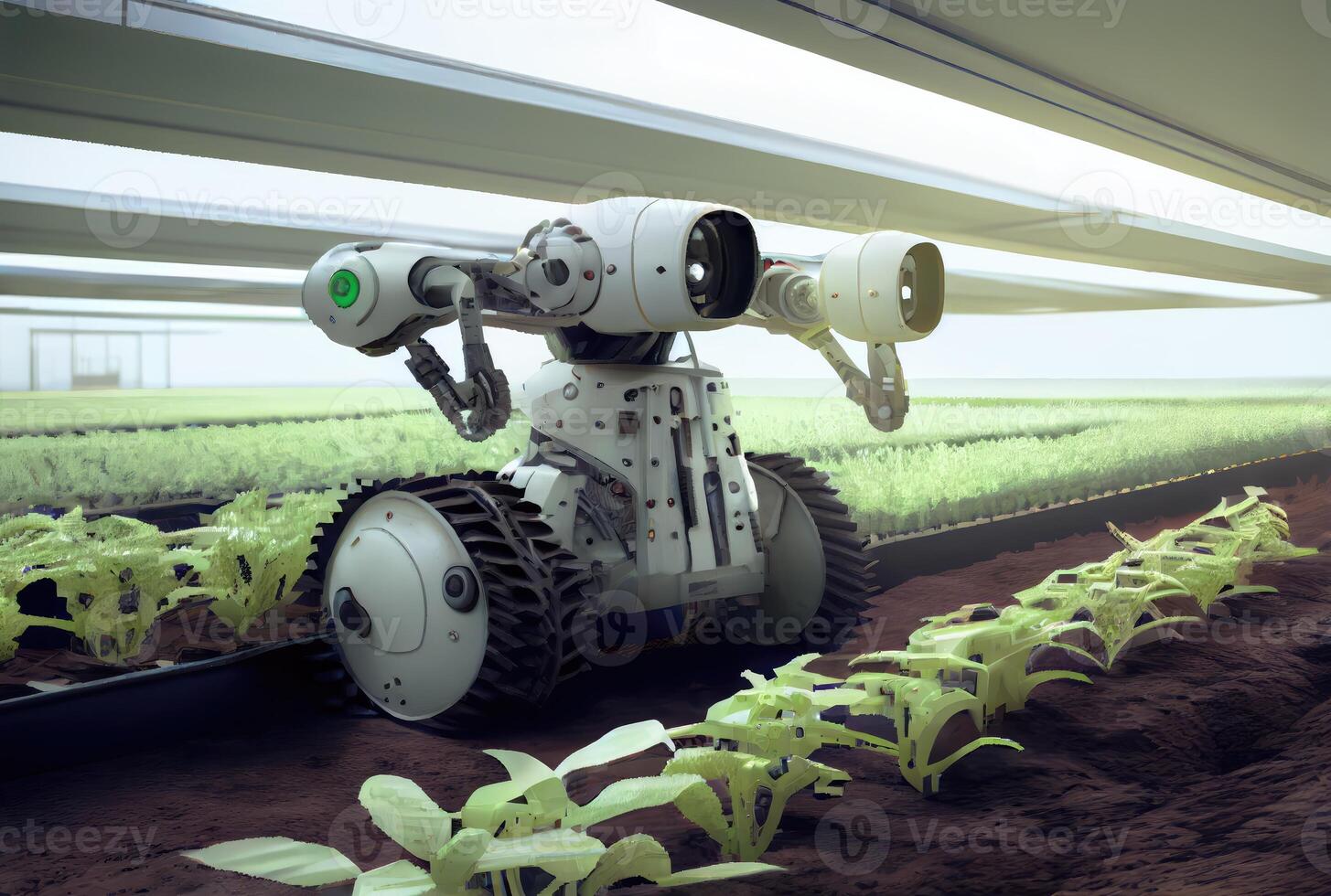 Robot farming harvesting agricultural products in greenhouse. Innovative futuristics technology and 5G smart farming concept. photo