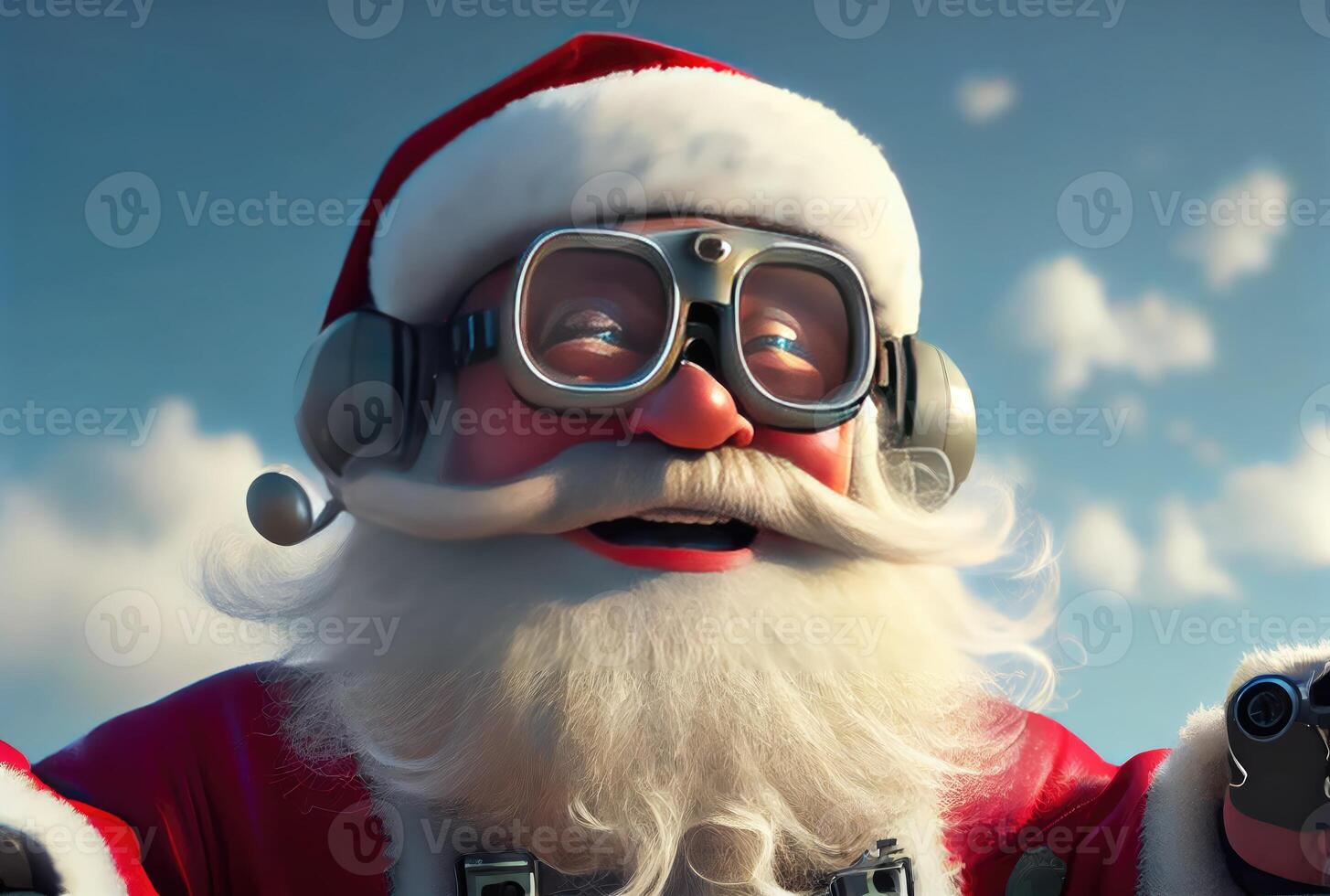 Closeup head shot of Santa Claus face flying on in the blue sky and cloudy background. Merry Christmas and Happy new year concept. Digital art illustration. photo