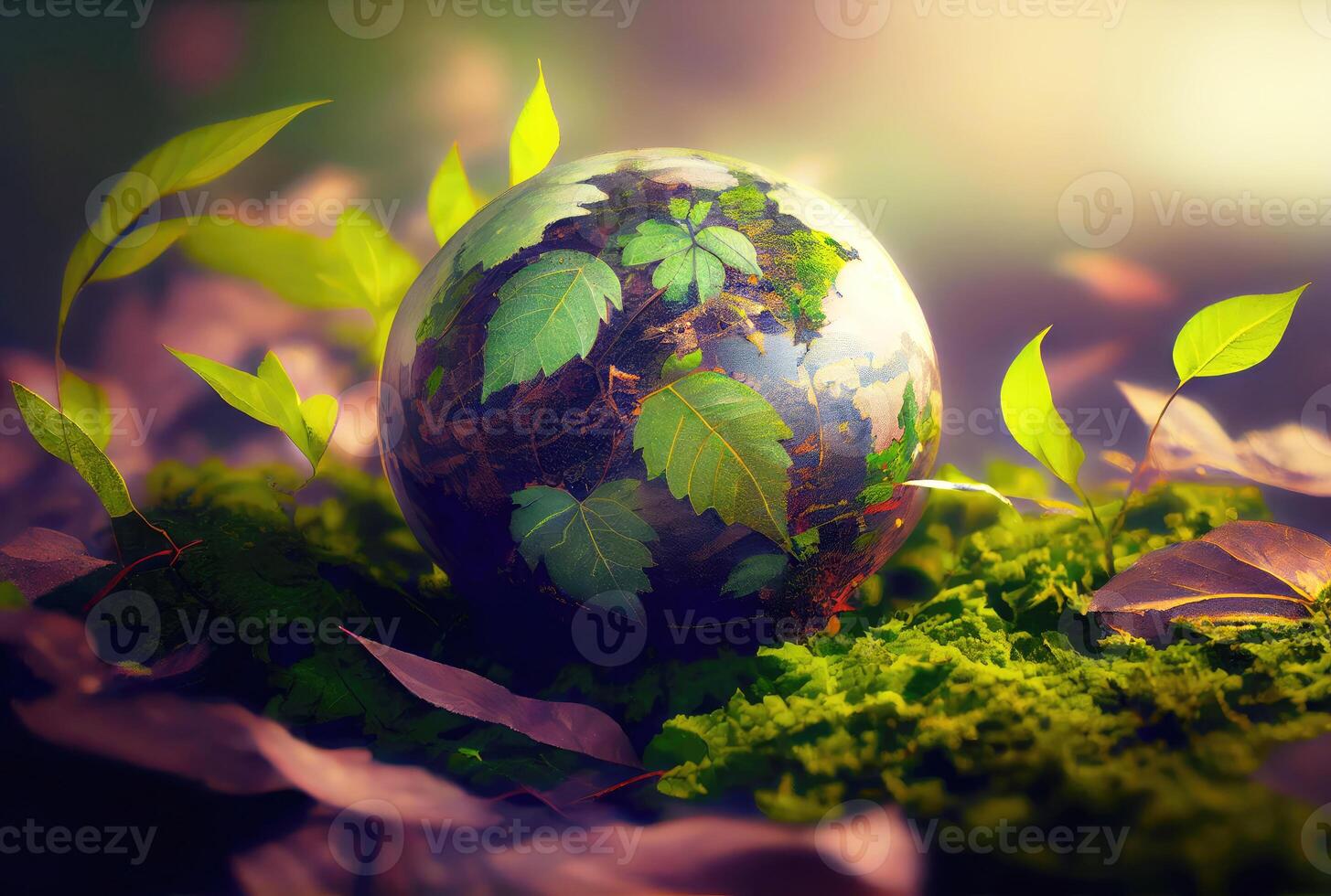 Water drop in earth shape with green leaves in the jungle. World Environment Day and World Water Day concept. Environmental protection theme. photo