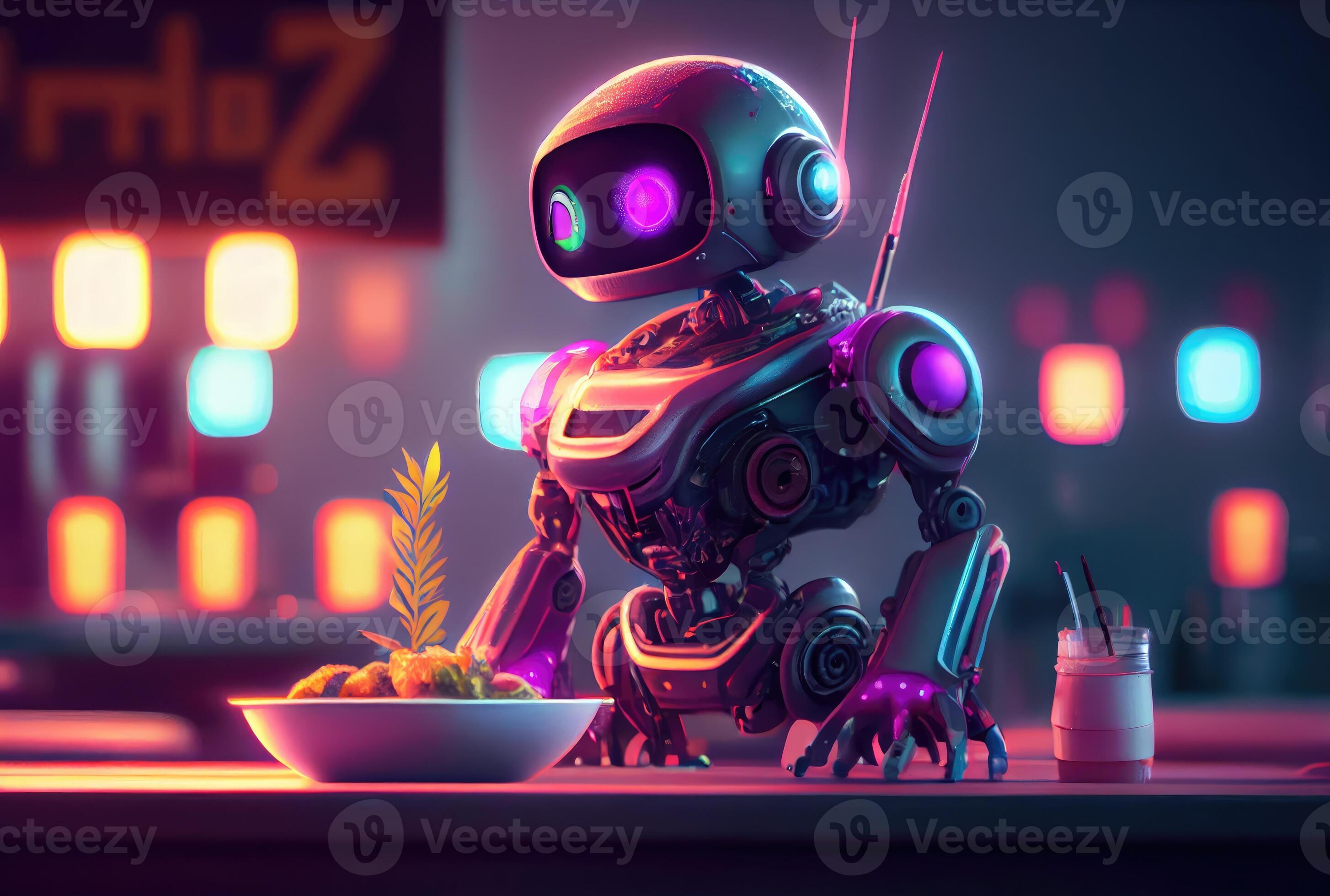 Cute robot eating food in the restaurant background. Technology and