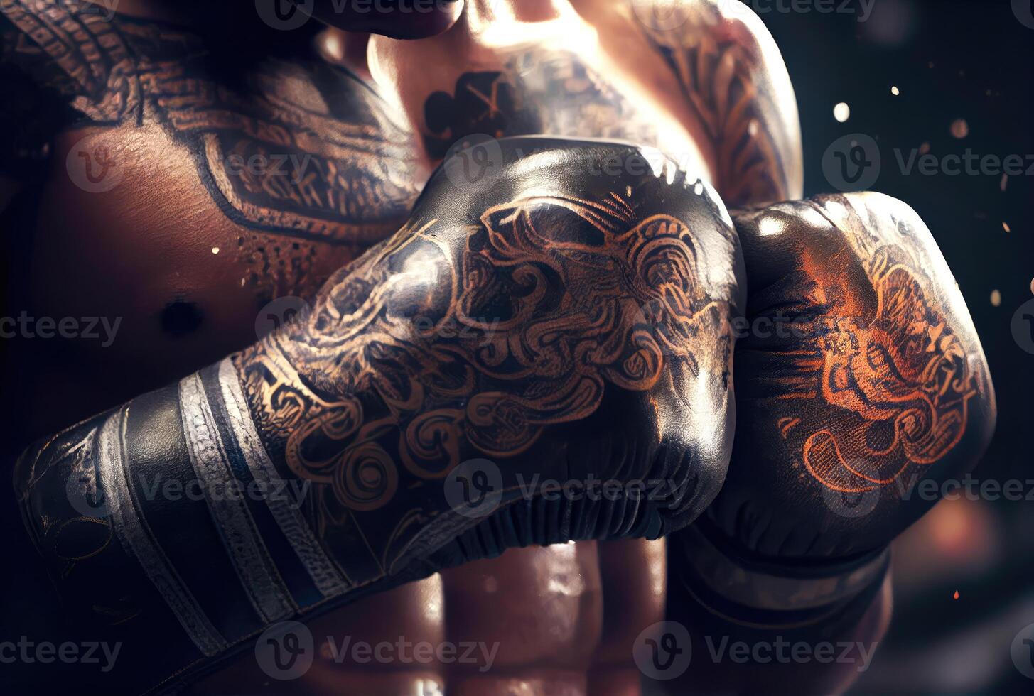 Closeup of boxer in boxing gloves to punching and fighting to his opponent with sweat splashing. Sport tournament and match game concept. photo