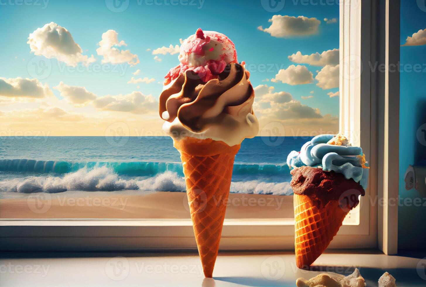 hielo crema cono con dulce coberturas en playa mar y azul cielo en verano antecedentes. verano comida y divertido concepto. digital Arte ilustración tema. generativo ai foto